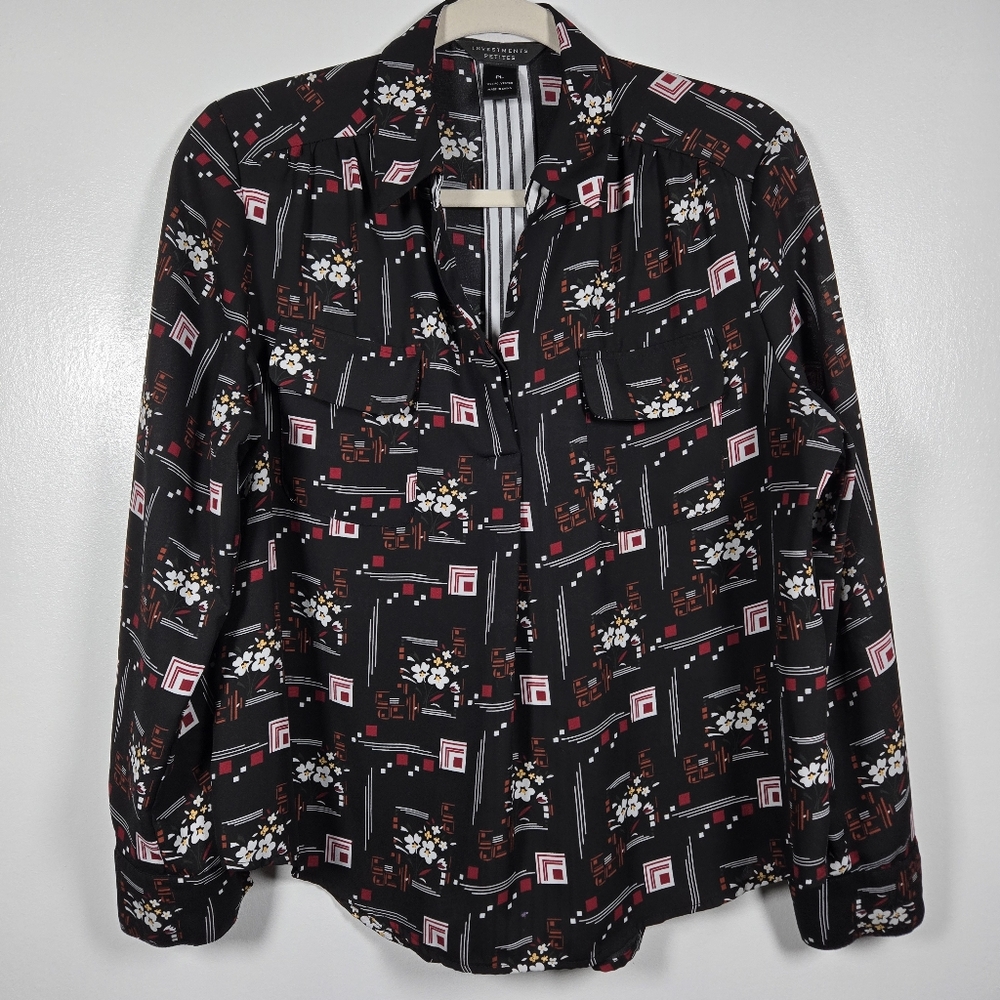 Investments Black Abstract Printed Striped Roll Tab Sleeve Blouse Top Petite LG